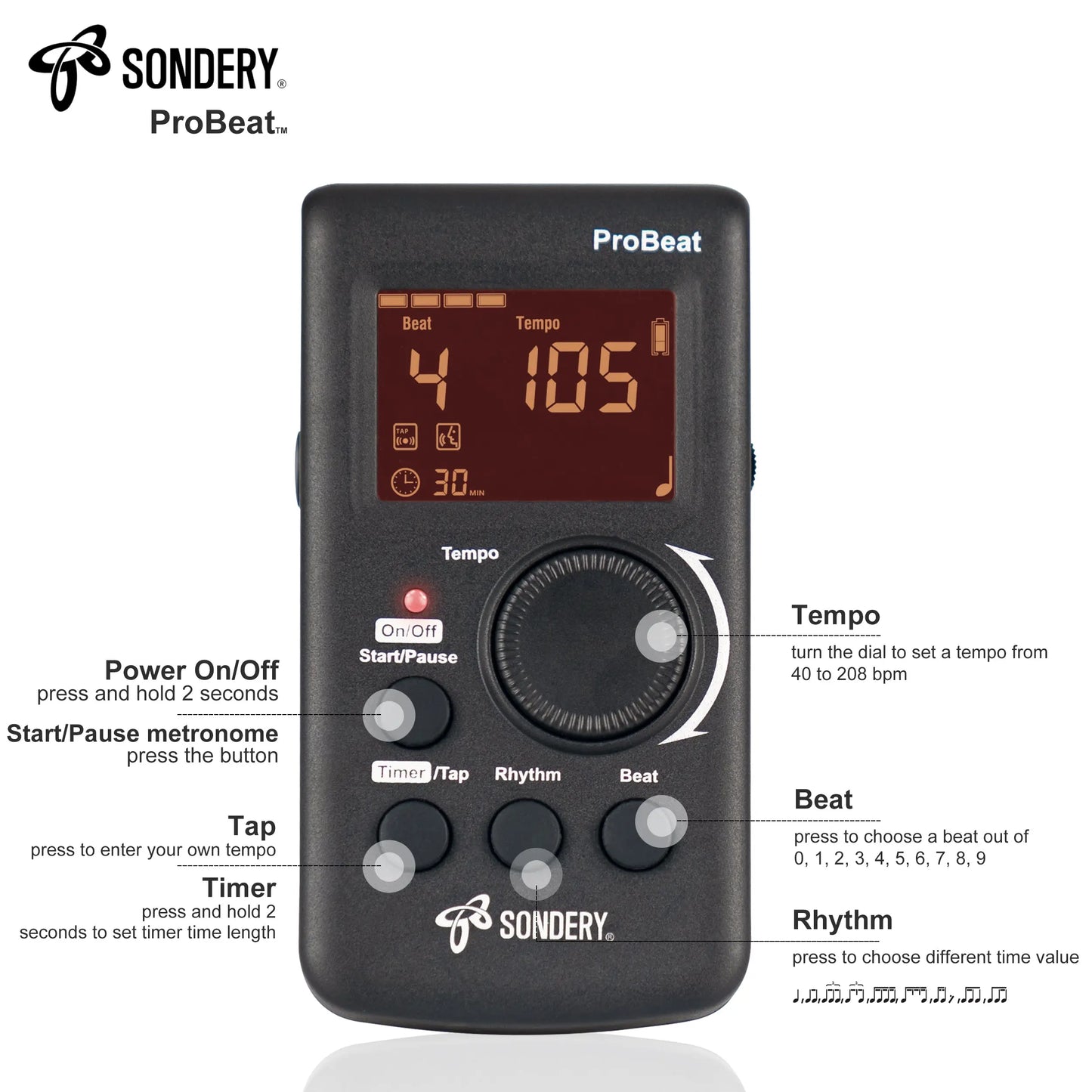 Sondery Digital Metronome for Guitar Piano Drum and All Instruments with Timer, English Vocal Counting and 3 Different Sounds with Earphone Jack and Flashing Light, Loud Volume, Rechargeable - Sondery Music