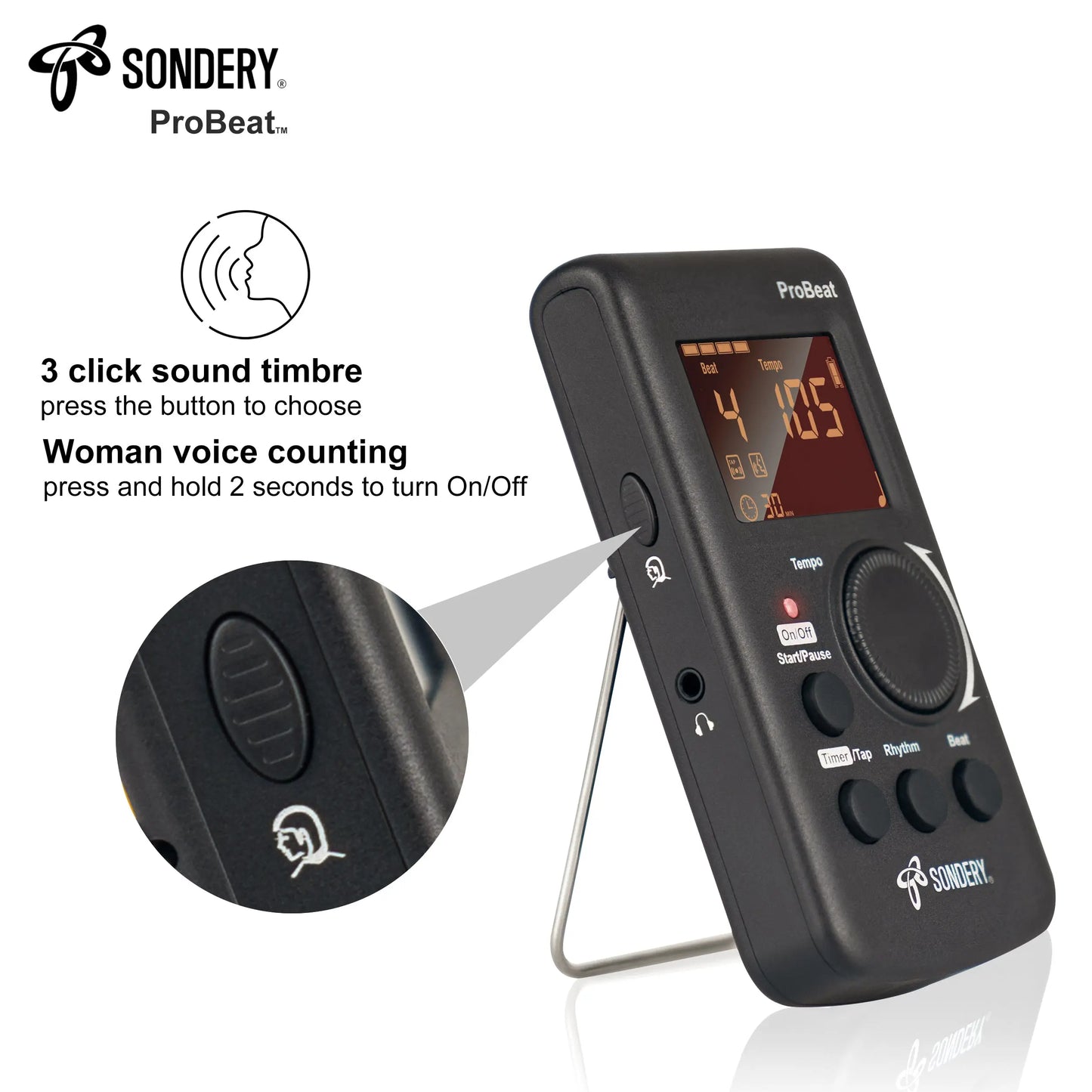 Sondery Digital Metronome for Guitar Piano Drum and All Instruments with Timer, English Vocal Counting and 3 Different Sounds with Earphone Jack and Flashing Light, Loud Volume, Rechargeable - Sondery Music