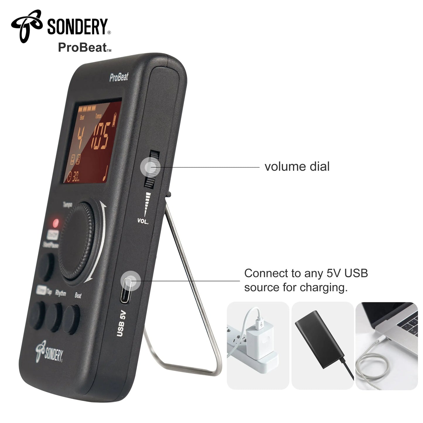 Sondery Digital Metronome for Guitar Piano Drum and All Instruments with Timer, English Vocal Counting and 3 Different Sounds with Earphone Jack and Flashing Light, Loud Volume, Rechargeable - Sondery Music