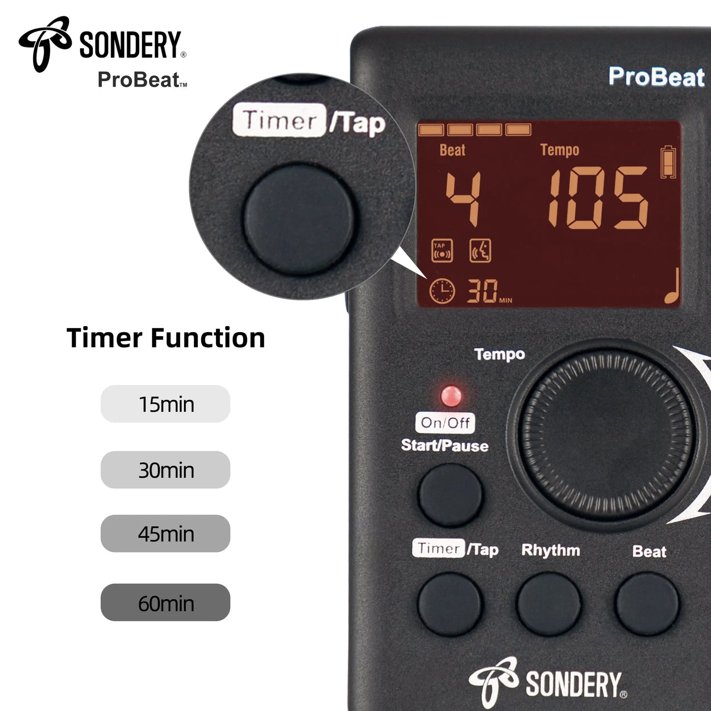 Sondery Digital Metronome for Guitar Piano Drum and All Instruments with Timer, English Vocal Counting and 3 Different Sounds with Earphone Jack and Flashing Light, Loud Volume, Rechargeable - Sondery Music