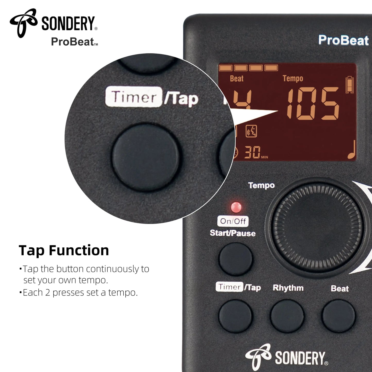 Sondery Digital Metronome for Guitar Piano Drum and All Instruments with Timer, English Vocal Counting and 3 Different Sounds with Earphone Jack and Flashing Light, Loud Volume, Rechargeable - Sondery Music