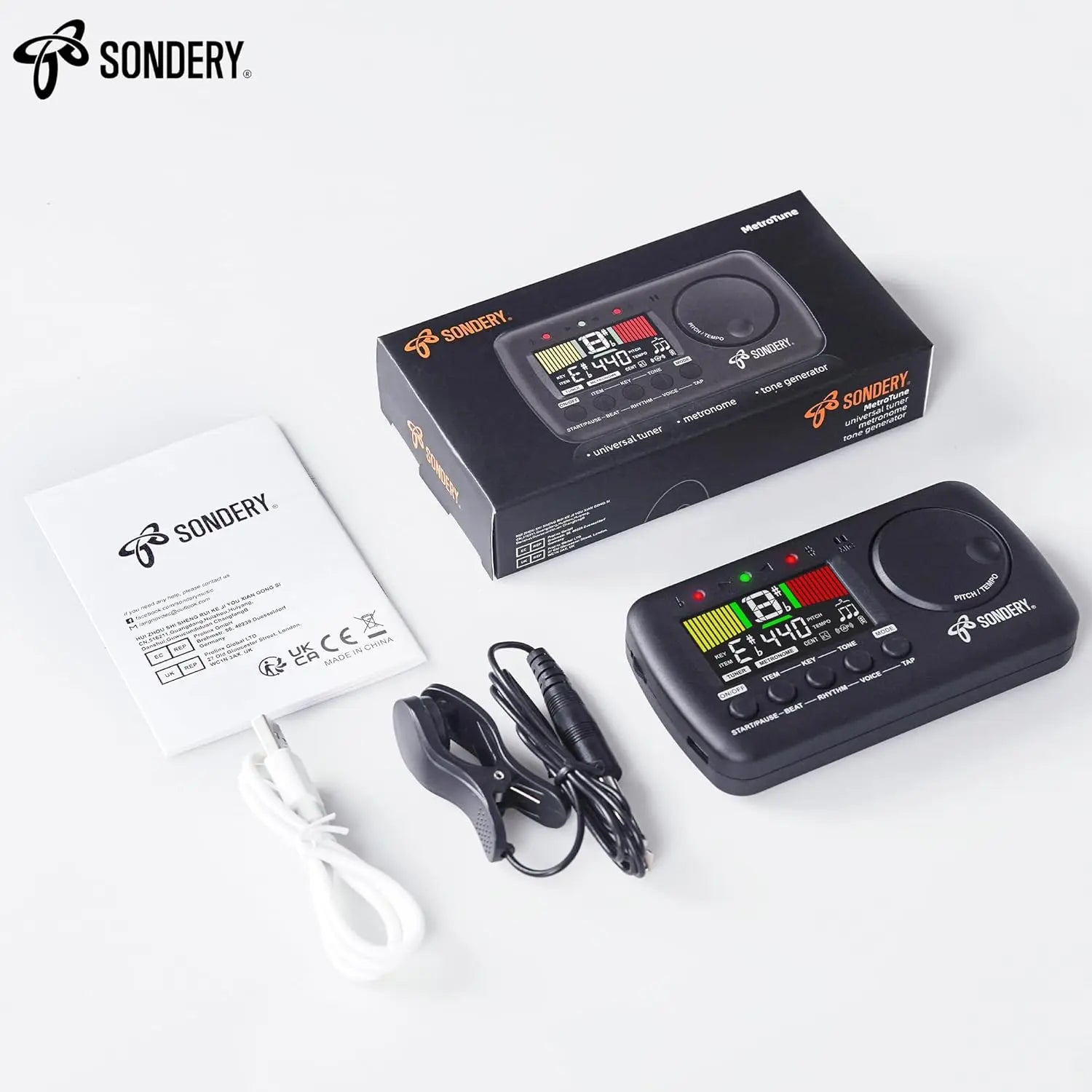 Sondery Digital Metronome Tuner 3 in 1, English Vocal Counting Metronome with Tap Tempo, Chromatic Tuner Tone Generator Rechargeable - Sondery Music