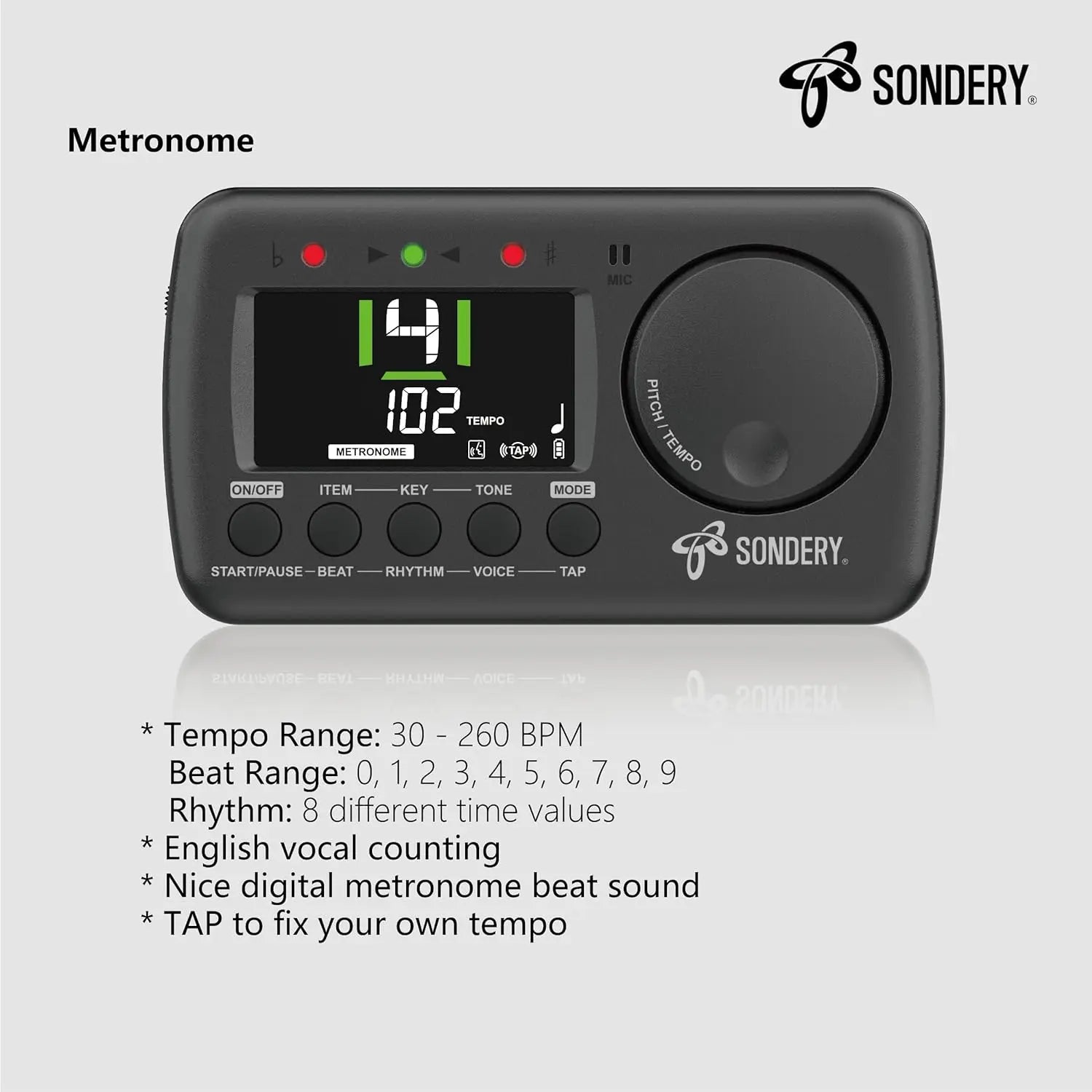 Sondery Digital Metronome Tuner 3 in 1, English Vocal Counting Metronome with Tap Tempo, Chromatic Tuner Tone Generator Rechargeable - Sondery Music