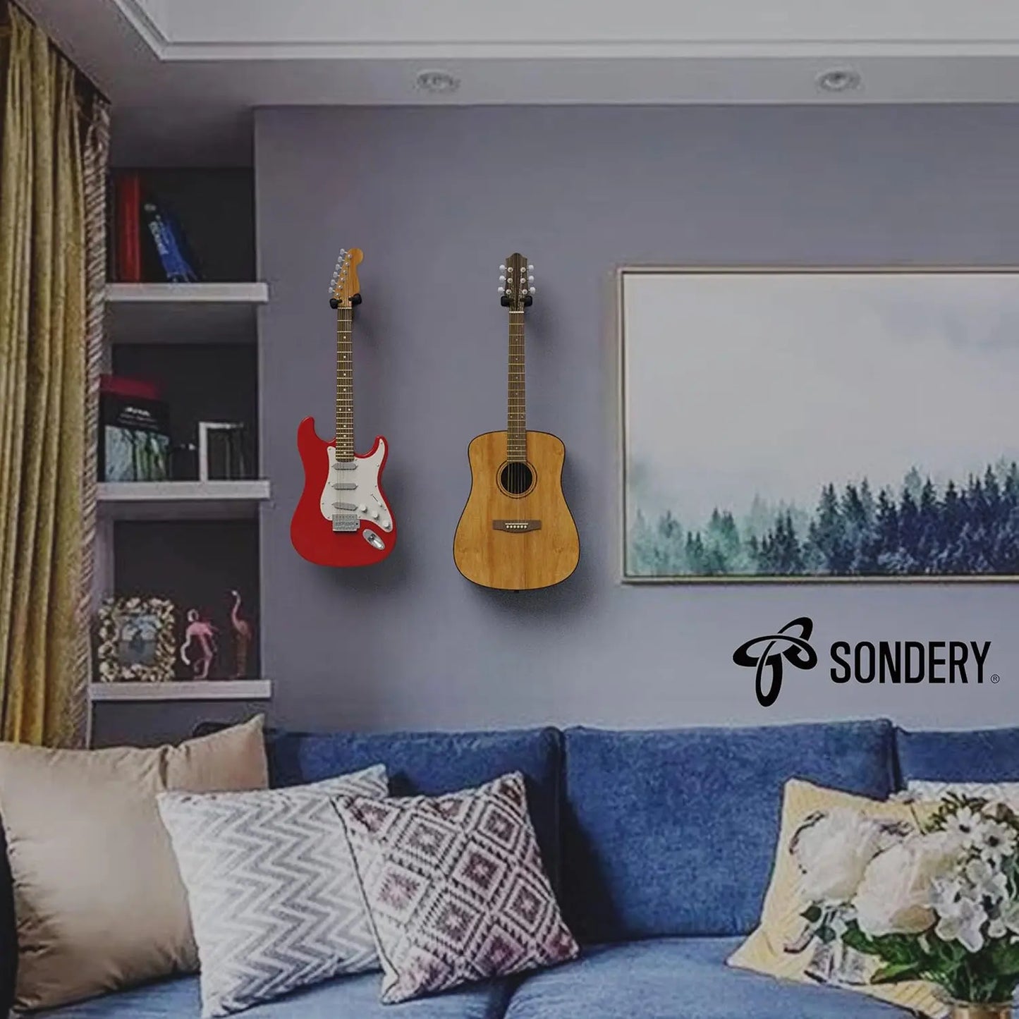 Sondery Guitar Wall Mount Hanger Black 2 Pack, Auto Lock and Adjustable Hook Holder for Acoustic and Electric Guitar, Ukulele, Bass, Banjo and Mandolin Sondery Music