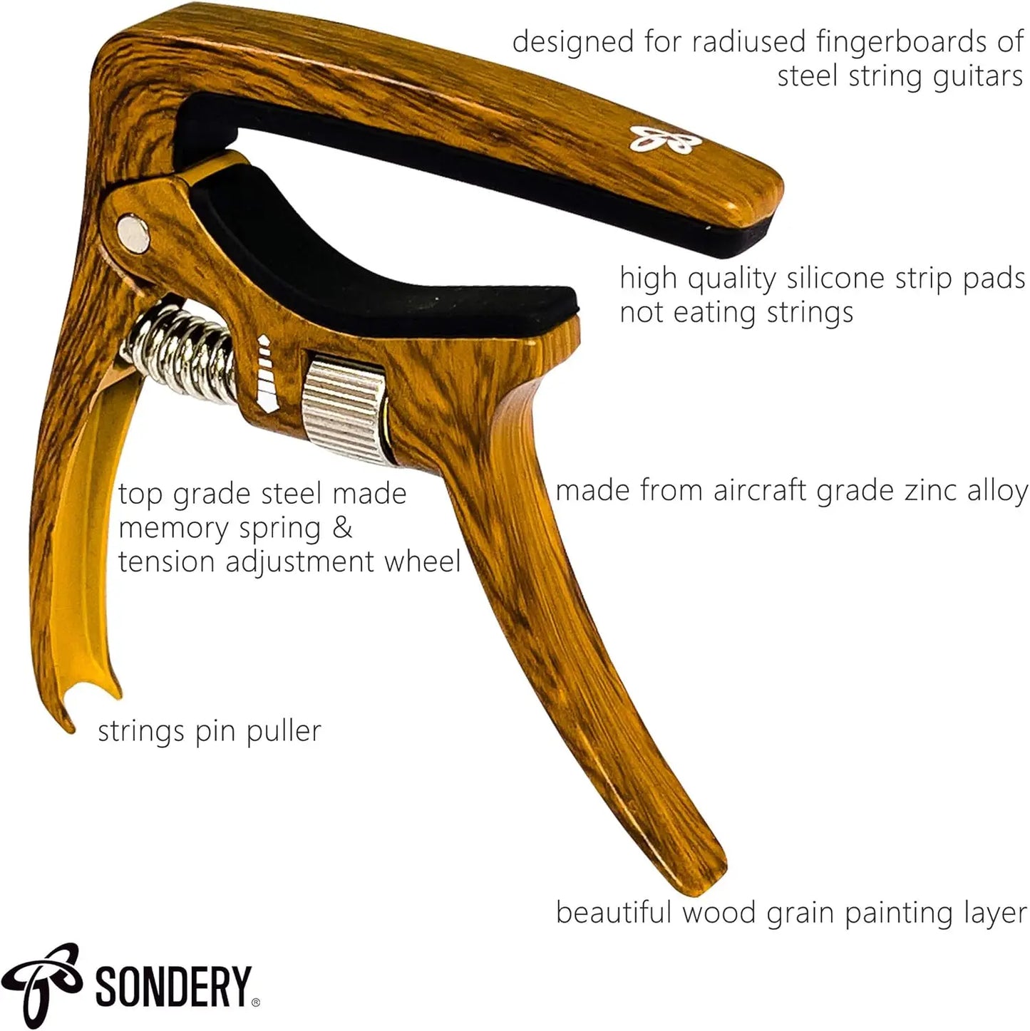Sondery Guitar Capo Trigger Tension Adjustable Professional for 6 Strings Acoustic and Electric Guitars Perfect Tone on Any Fret with Guitar Bridge Pin Puller - Sondery Music