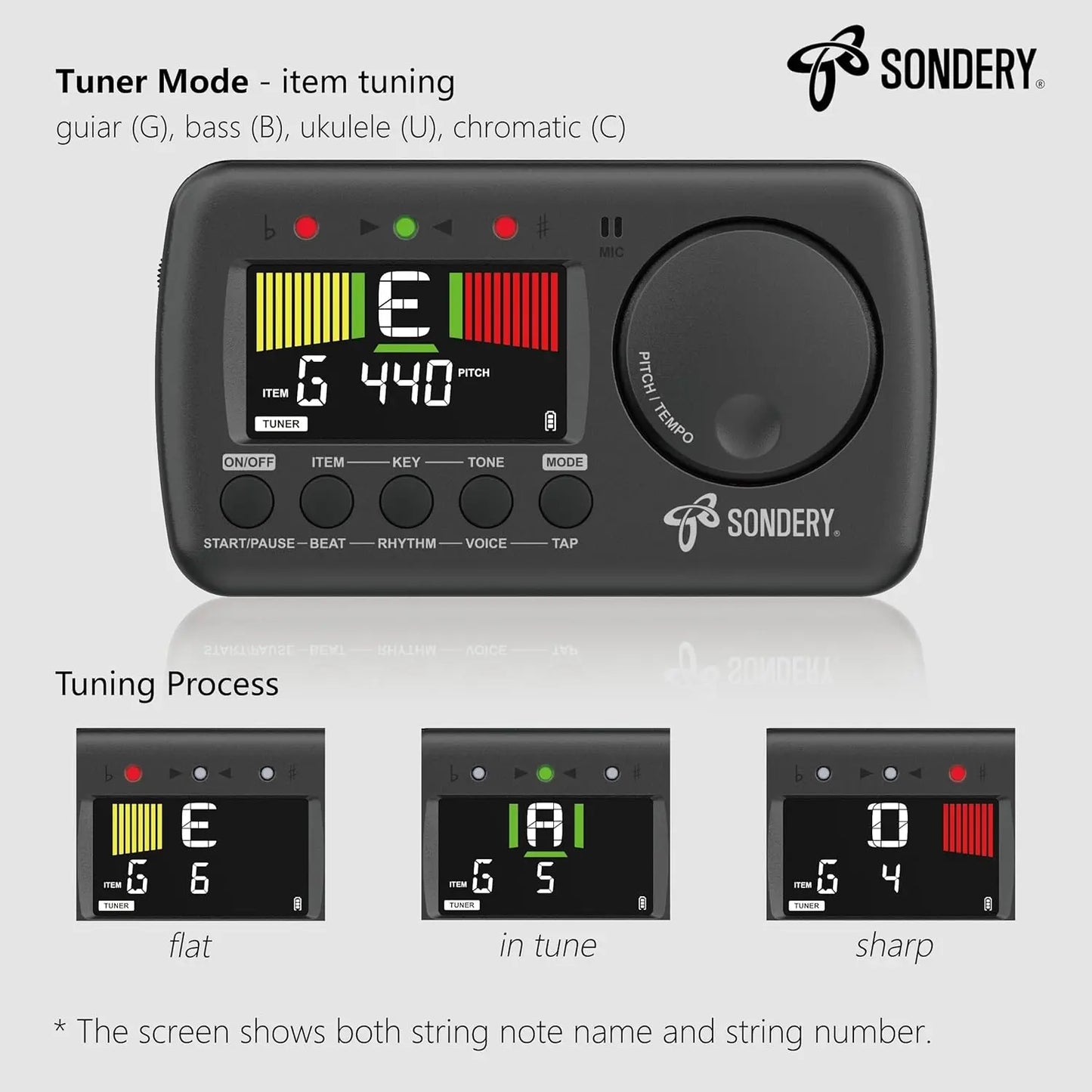 Sondery Digital Metronome Tuner 3 in 1, English Vocal Counting Metronome with Tap Tempo, Chromatic Tuner Tone Generator Rechargeable - Sondery Music