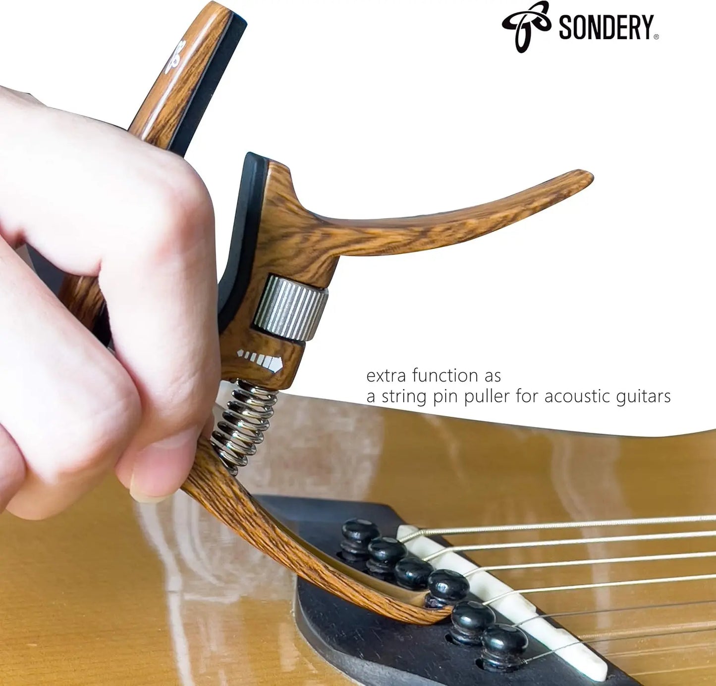 Sondery Guitar Capo Trigger Tension Adjustable Professional for 6 Strings Acoustic and Electric Guitars Perfect Tone on Any Fret with Guitar Bridge Pin Puller - Sondery Music