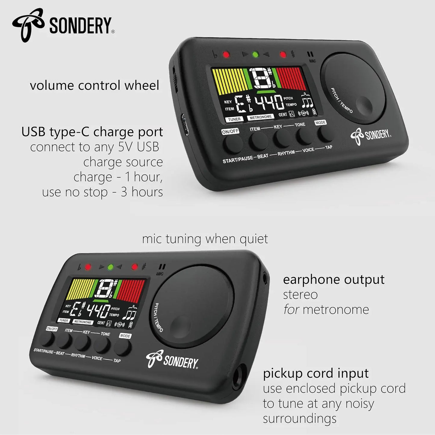 Sondery Digital Metronome Tuner 3 in 1, English Vocal Counting Metronome with Tap Tempo, Chromatic Tuner Tone Generator Rechargeable - Sondery Music