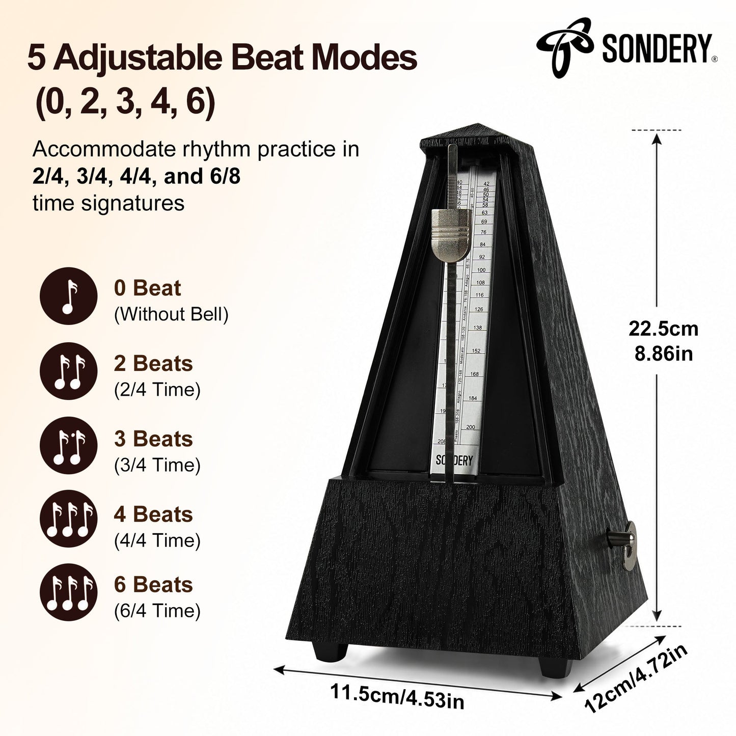 Sondery Classic Mechanical Metronome with Bell for Piano Guitar Drum Violin Saxophone All Instruments, Tempo Range 40-208bpm, Beats 02346, Black Wood Grain ABS Case with Comfortable Click Sound Sondery Music