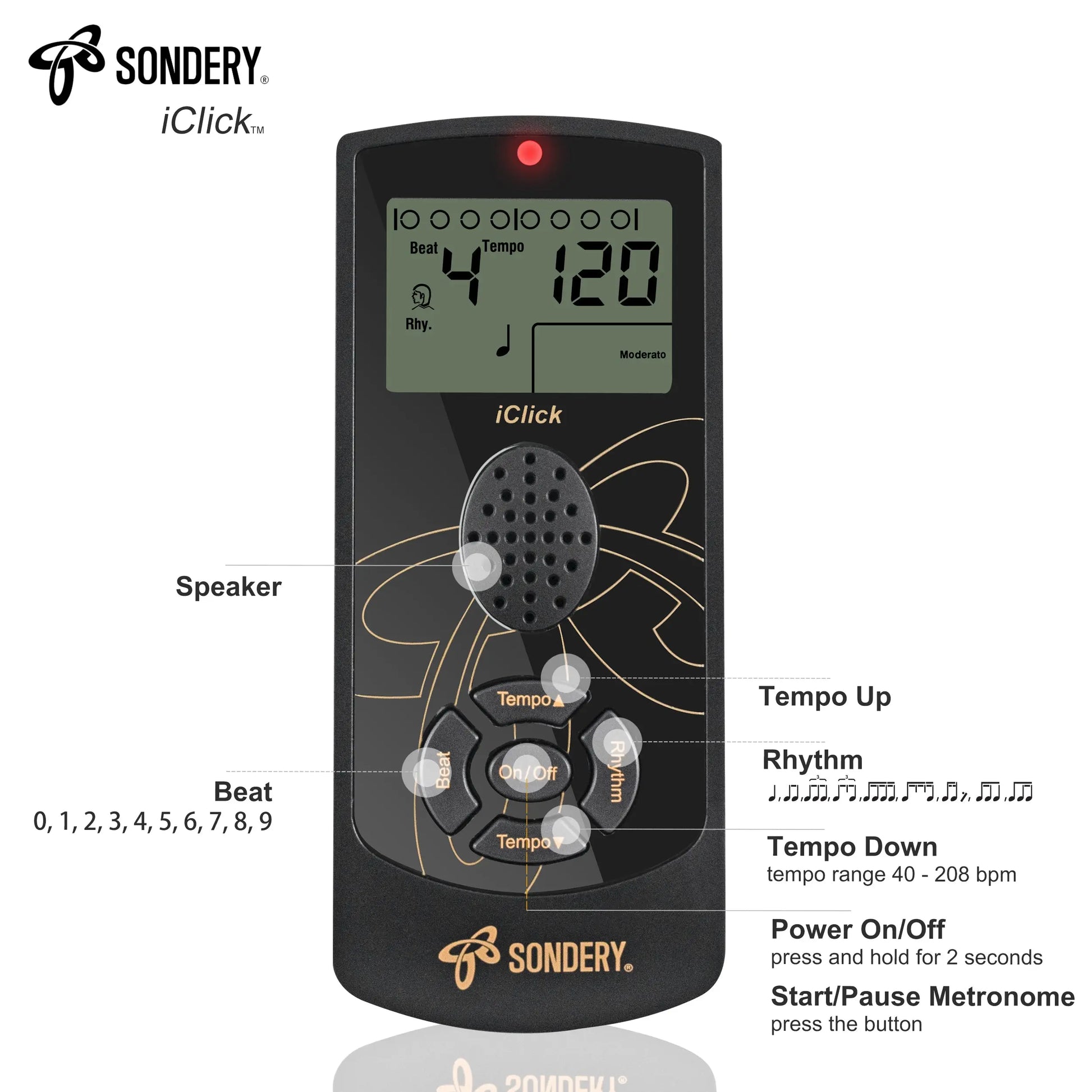 Sondery Digital Metronome for Guitar Piano Drum and All Instruments, Woman Vocal Counting Option, Direct Controls via Buttons, Easily Reading Big Screen, Power by Batteries or USB - Sondery Music