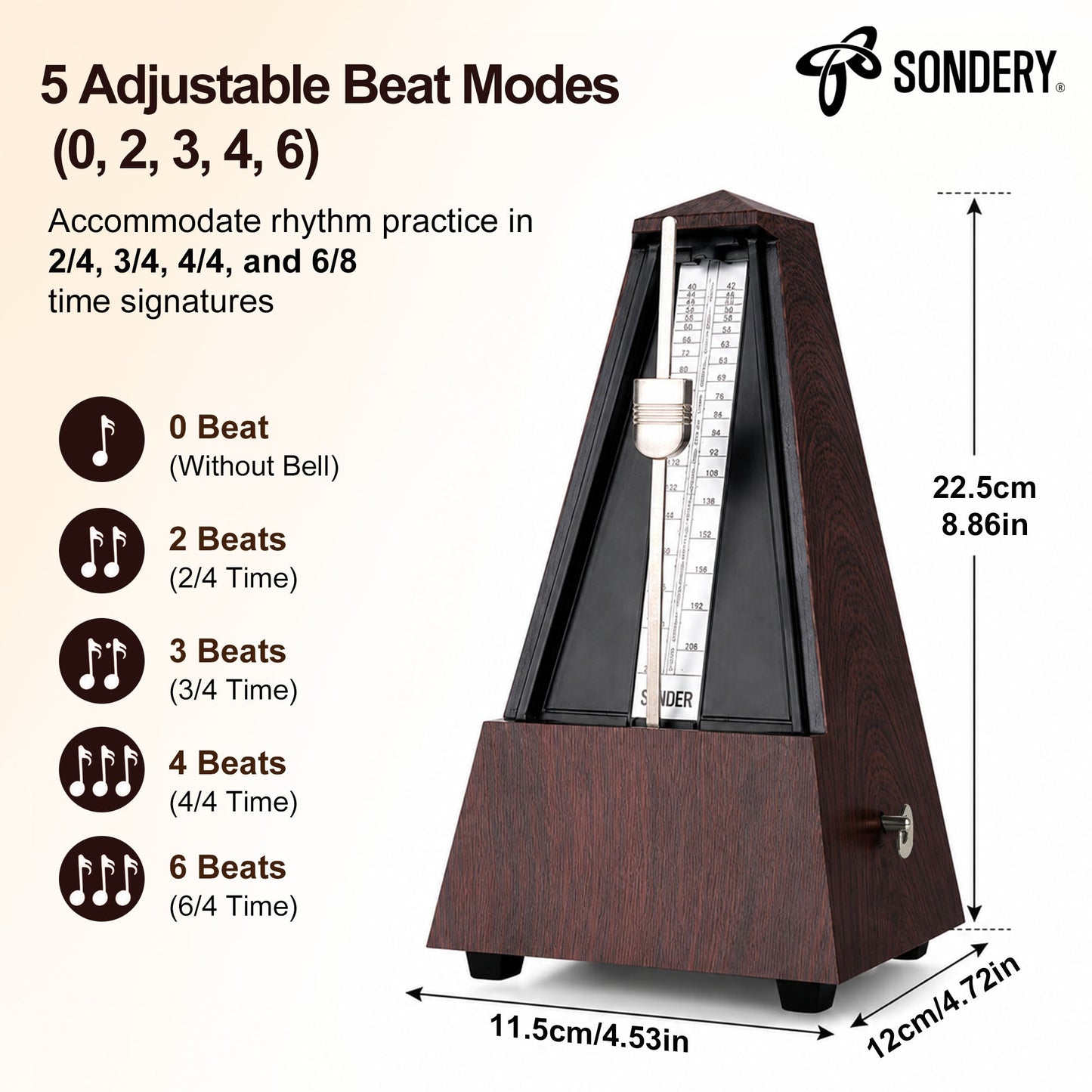 Sondery Classic Mechanical Metronome with Bell for Piano Guitar Drum Violin Saxophone All Instruments, Tempo Range 40-208bpm, Beats 02346, Black Wood Grain ABS Case with Comfortable Click Sound Sondery Music