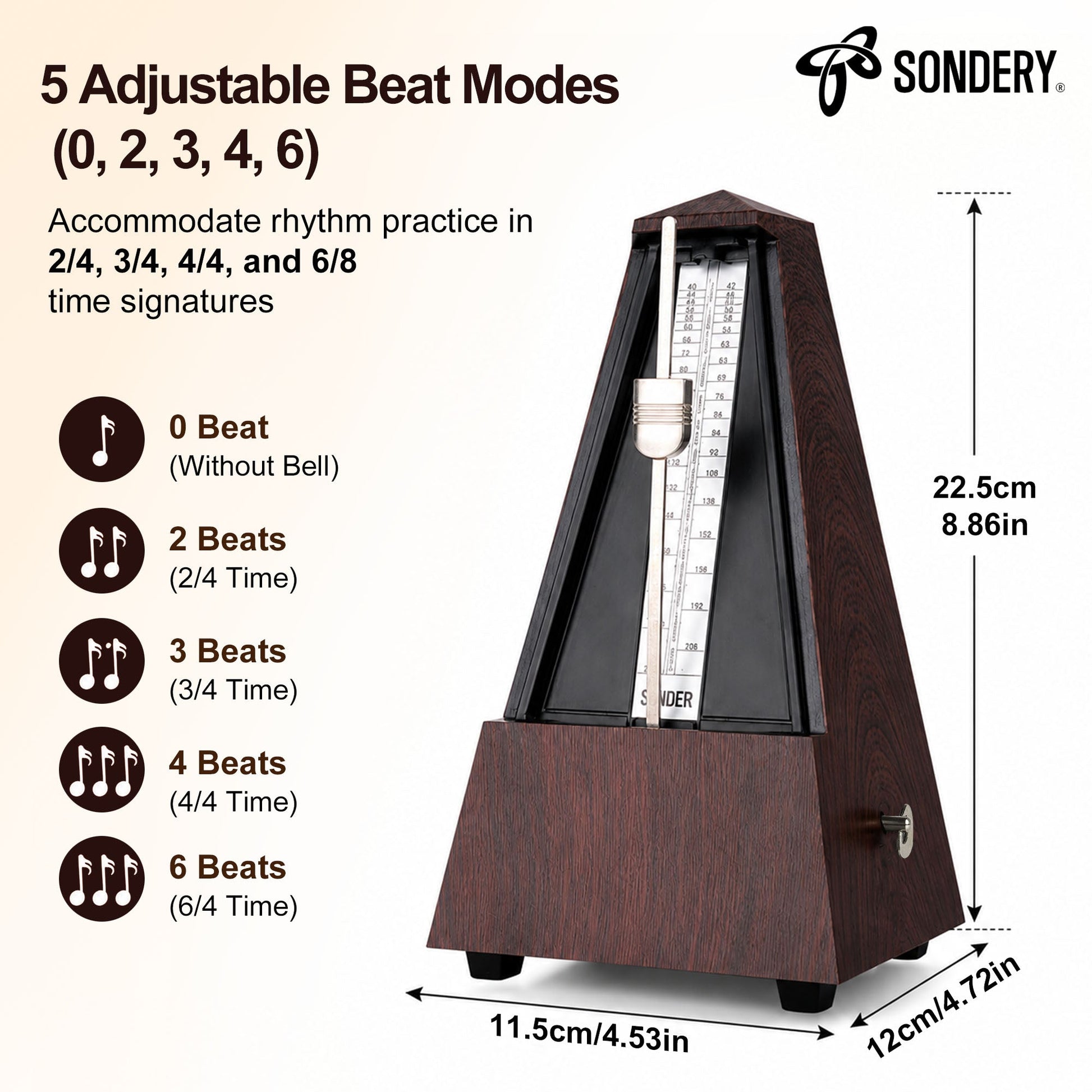 Sondery Classic Mechanical Metronome with Bell for Piano Guitar Drum Violin Saxophone All Instruments, Tempo Range 40-208bpm, Beats 02346, Black Wood Grain ABS Case with Comfortable Click Sound Sondery Music