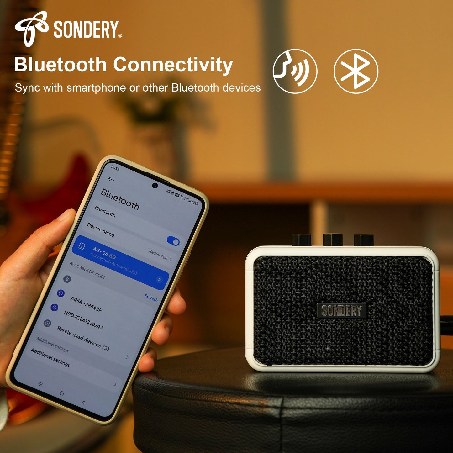 Sondery Mini Guitar Amp for Electric Guitars 5W Two Speakers Rechargeable Portable Pratice Small Amplifier with Overdrive/Clean Effects and Bluetooth Sondery Music