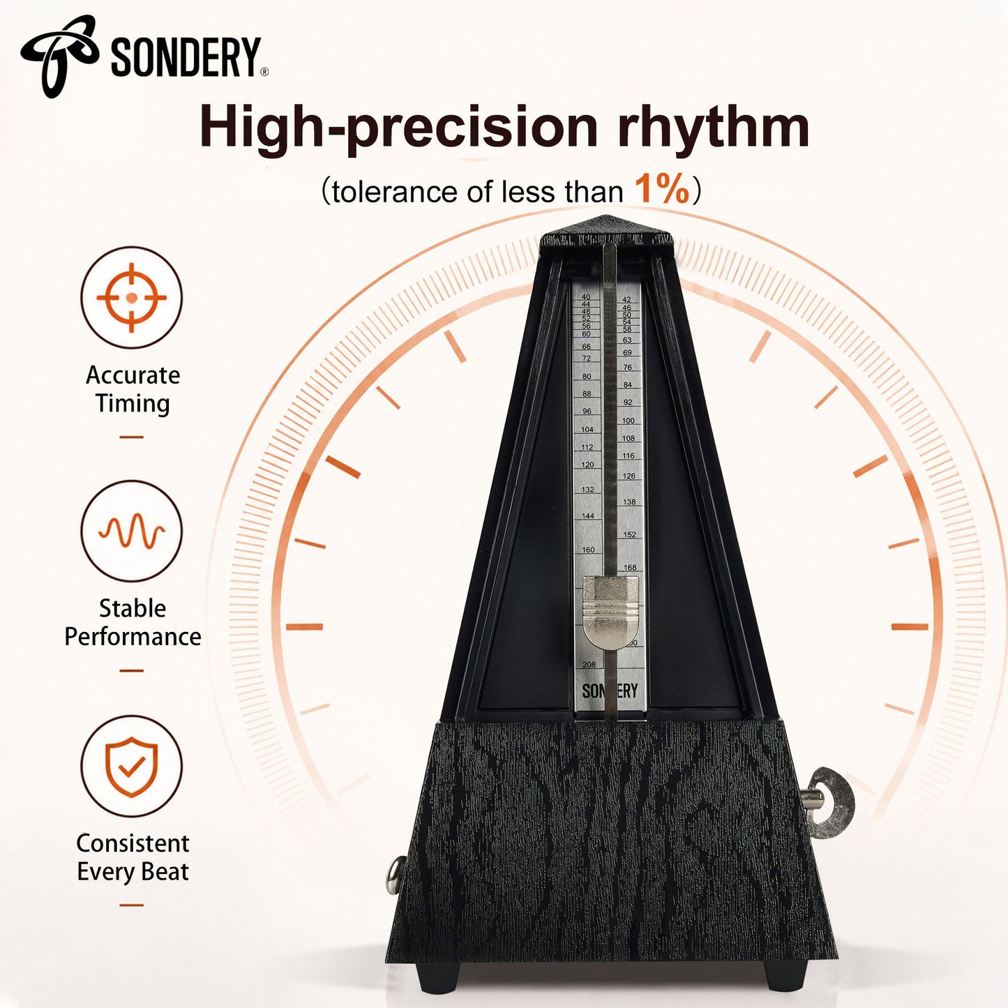 Sondery Classic Mechanical Metronome with Bell for Piano Guitar Drum Violin Saxophone All Instruments, Tempo Range 40-208bpm, Beats 02346, Black Wood Grain ABS Case with Comfortable Click Sound Sondery Music