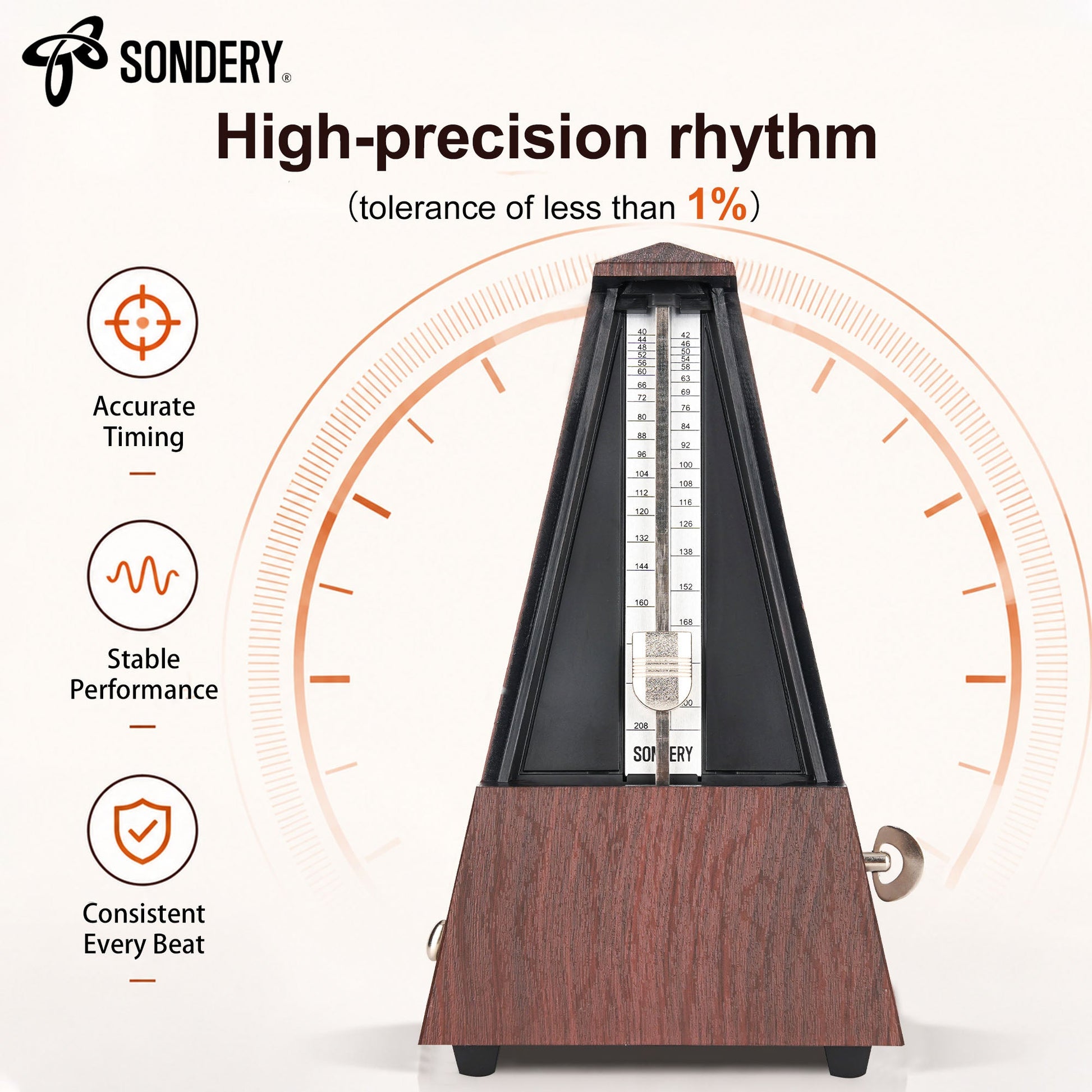 Sondery Classic Mechanical Metronome with Bell for Piano Guitar Drum Violin Saxophone All Instruments, Tempo Range 40-208bpm, Beats 02346, Black Wood Grain ABS Case with Comfortable Click Sound Sondery Music
