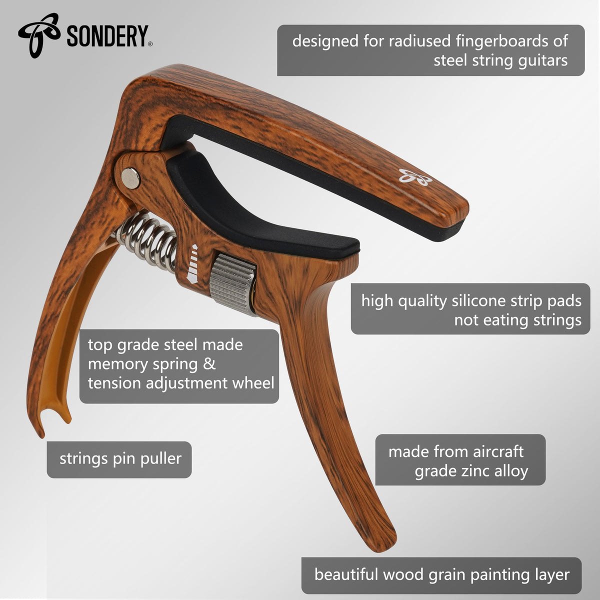 Sondery Guitar Capo Trigger Tension Adjustable Professional for 6 Strings Acoustic and Electric Guitars Perfect Tone on Any Fret with Guitar Bridge Pin Puller Sondery Music