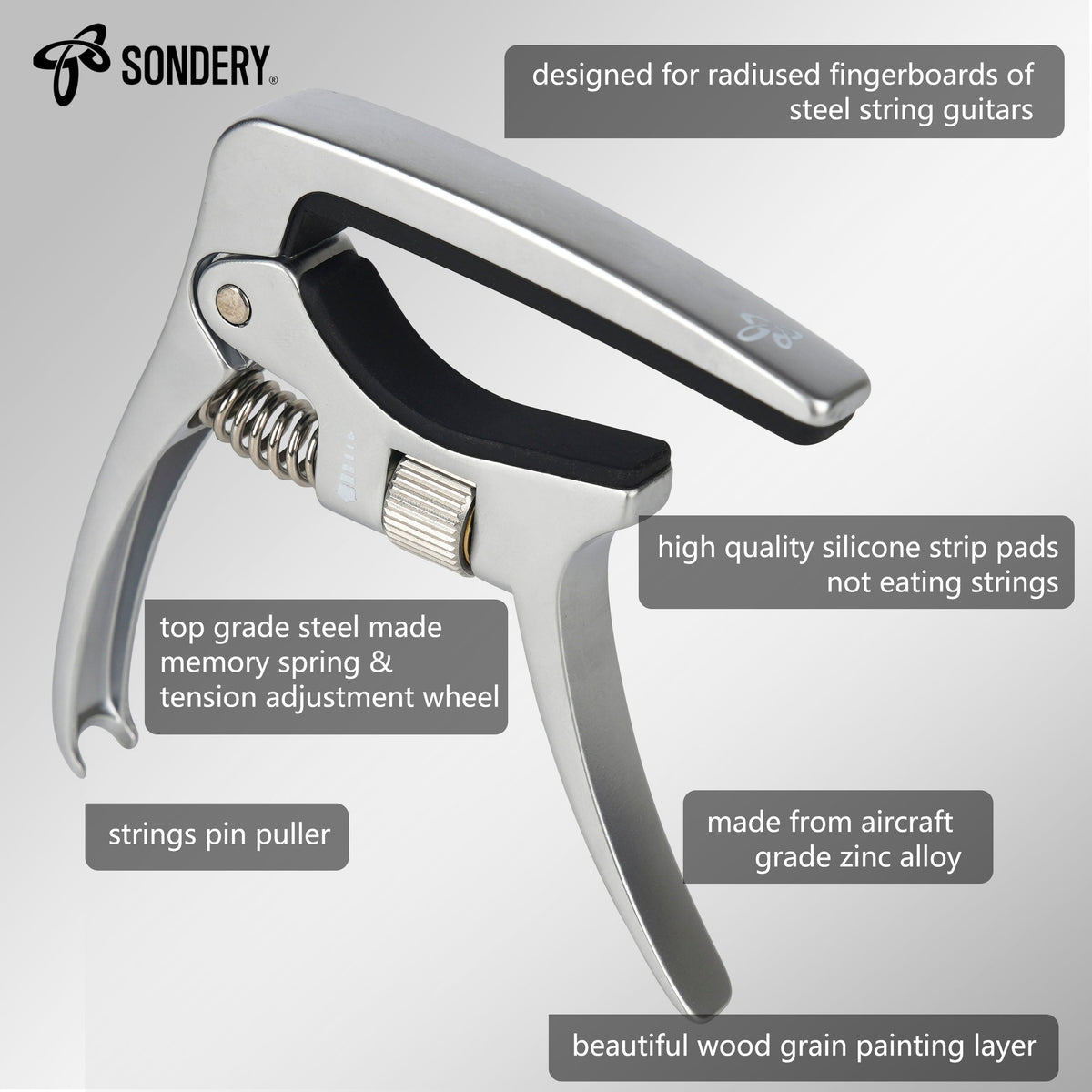 Sondery Guitar Capo Trigger Tension Adjustable Professional for 6 Strings Acoustic and Electric Guitars Perfect Tone on Any Fret with Guitar Bridge Pin Puller Sondery Music
