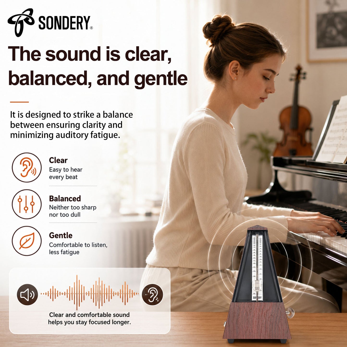 Sondery Classic Mechanical Metronome with Bell for Piano Guitar Drum Violin Saxophone All Instruments, Tempo Range 40-208bpm, Beats 02346, Black Wood Grain ABS Case with Comfortable Click Sound Sondery Music