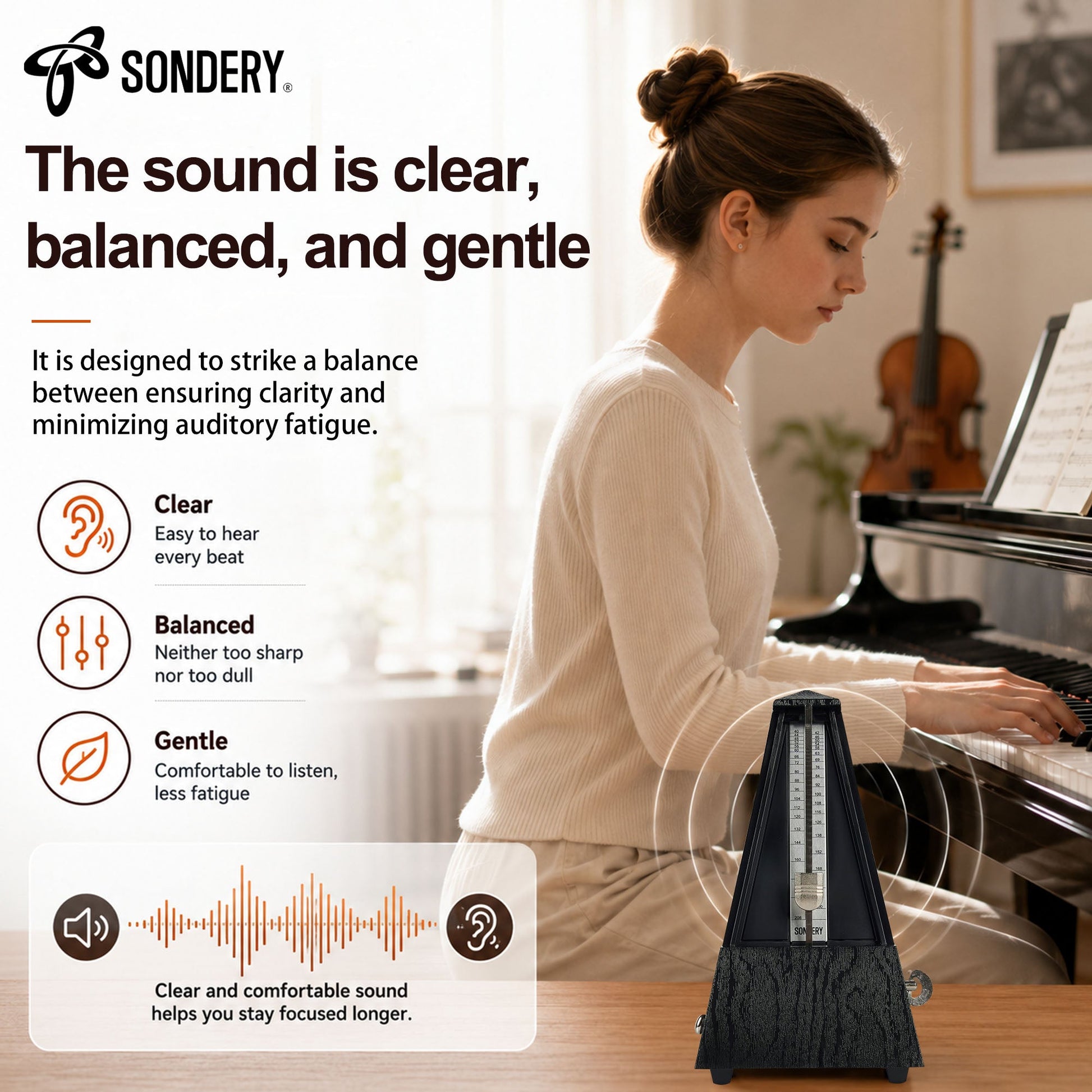 Sondery Classic Mechanical Metronome with Bell for Piano Guitar Drum Violin Saxophone All Instruments, Tempo Range 40-208bpm, Beats 02346, Black Wood Grain ABS Case with Comfortable Click Sound Sondery Music