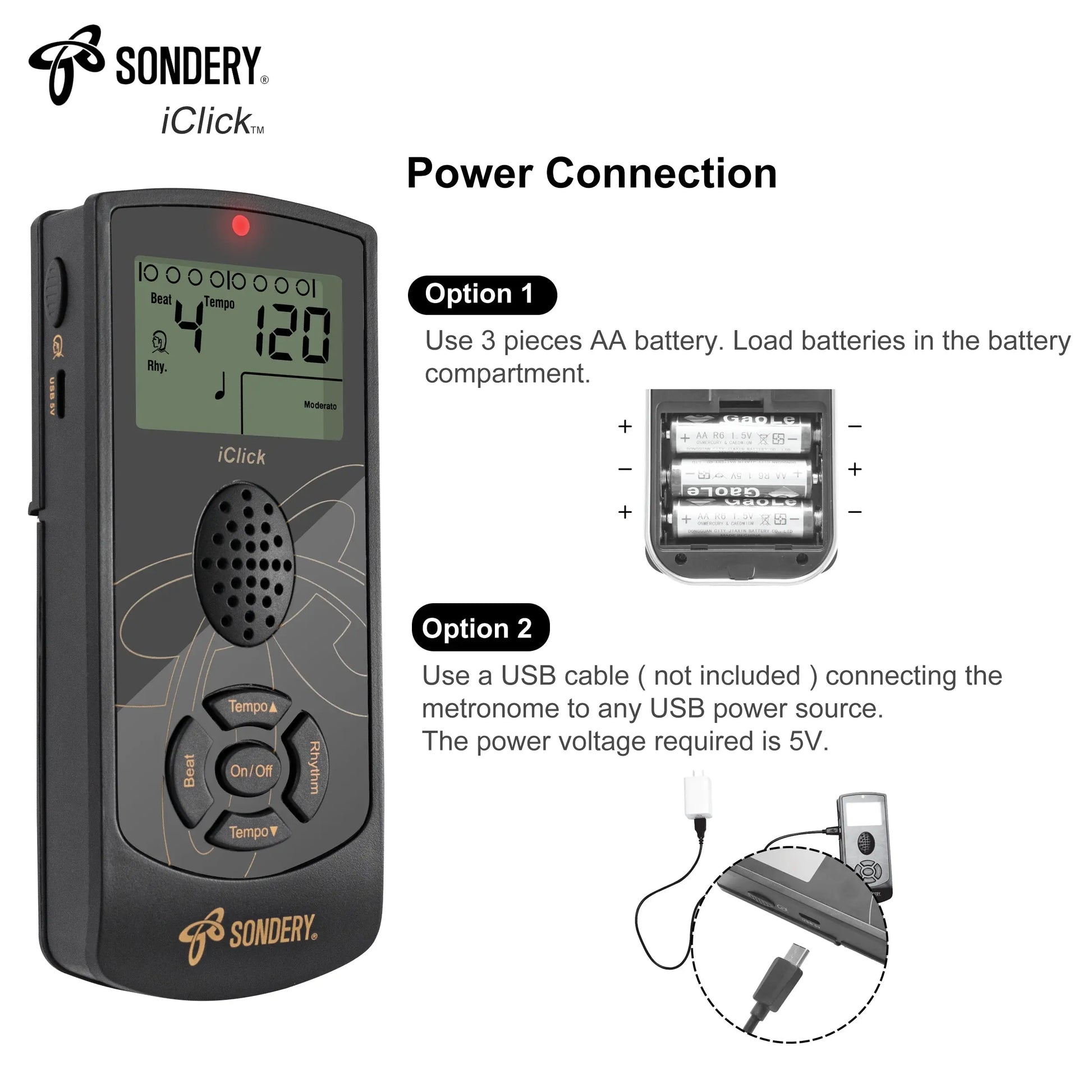 Sondery Digital Metronome for Guitar Piano Drum and All Instruments, Woman Vocal Counting Option, Direct Controls via Buttons, Easily Reading Big Screen, Power by Batteries or USB - Sondery Music