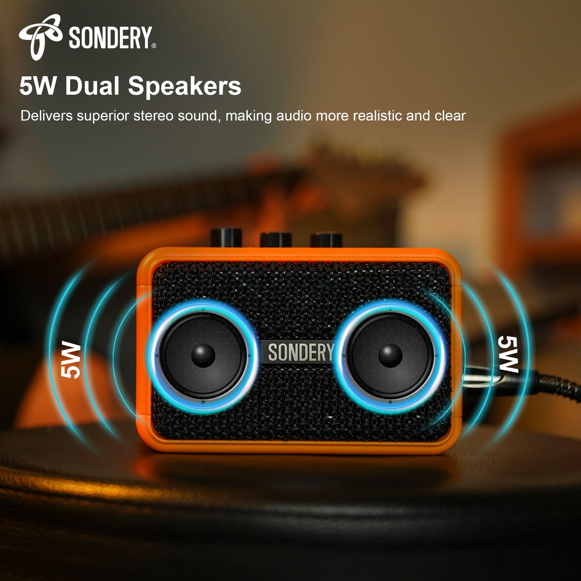 Sondery Mini Guitar Amp for Electric Guitars 5W Two Speakers Rechargeable Portable Pratice Small Amplifier with Overdrive/Clean Effects and Bluetooth Sondery Music