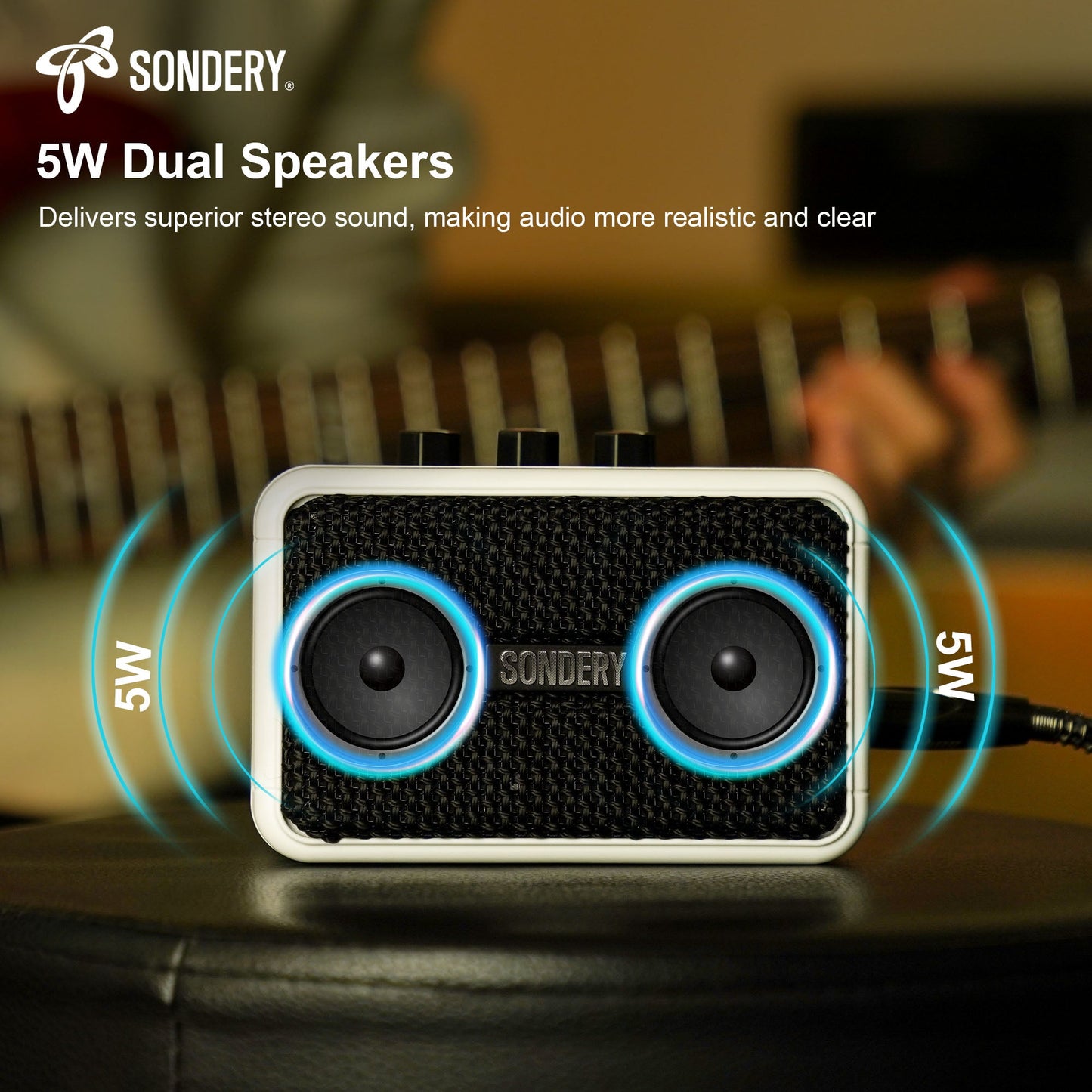 Sondery Mini Guitar Amp for Electric Guitars 5W Two Speakers Rechargeable Portable Pratice Small Amplifier with Overdrive/Clean Effects and Bluetooth Sondery Music