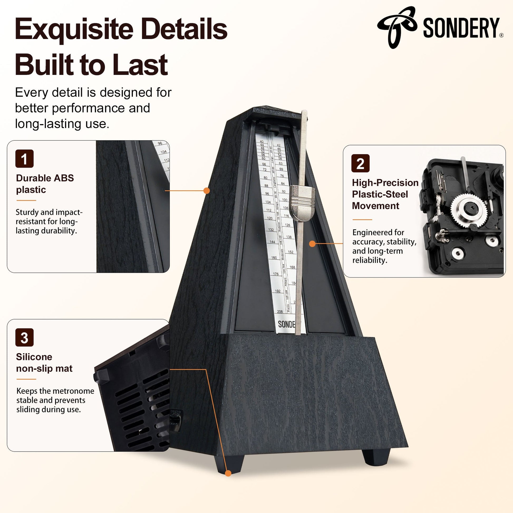 Sondery Classic Mechanical Metronome with Bell for Piano Guitar Drum Violin Saxophone All Instruments, Tempo Range 40-208bpm, Beats 02346, Black Wood Grain ABS Case with Comfortable Click Sound Sondery Music