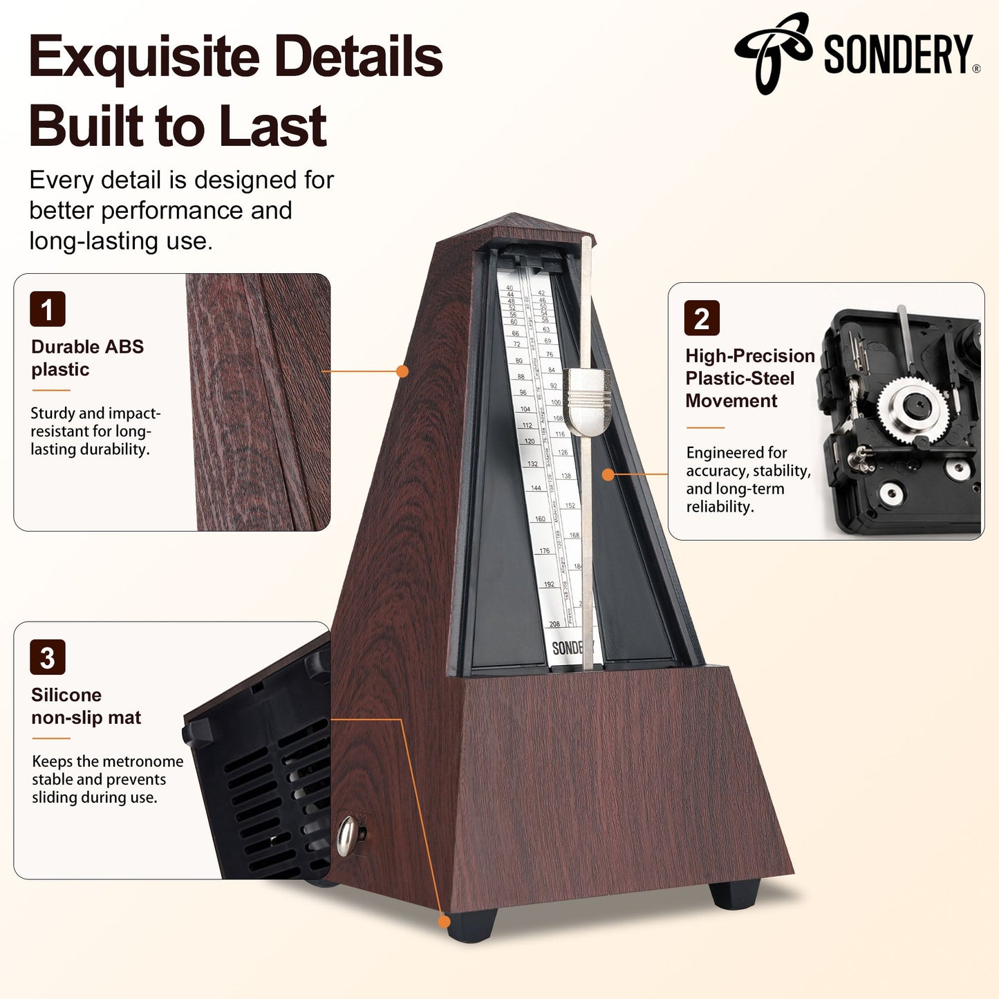 Sondery Classic Mechanical Metronome with Bell for Piano Guitar Drum Violin Saxophone All Instruments, Tempo Range 40-208bpm, Beats 02346, Black Wood Grain ABS Case with Comfortable Click Sound Sondery Music