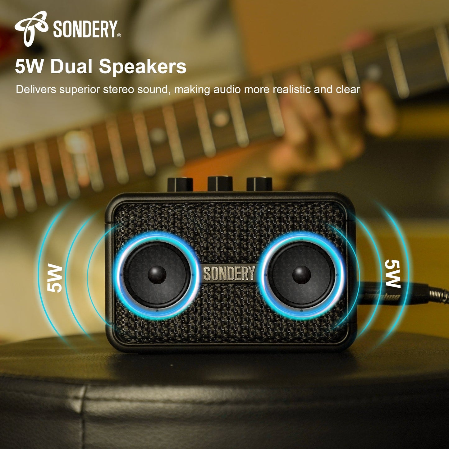 Sondery Mini Guitar Amp for Electric Guitars 5W Two Speakers Rechargeable Portable Pratice Small Amplifier with Overdrive/Clean Effects and Bluetooth Sondery Music