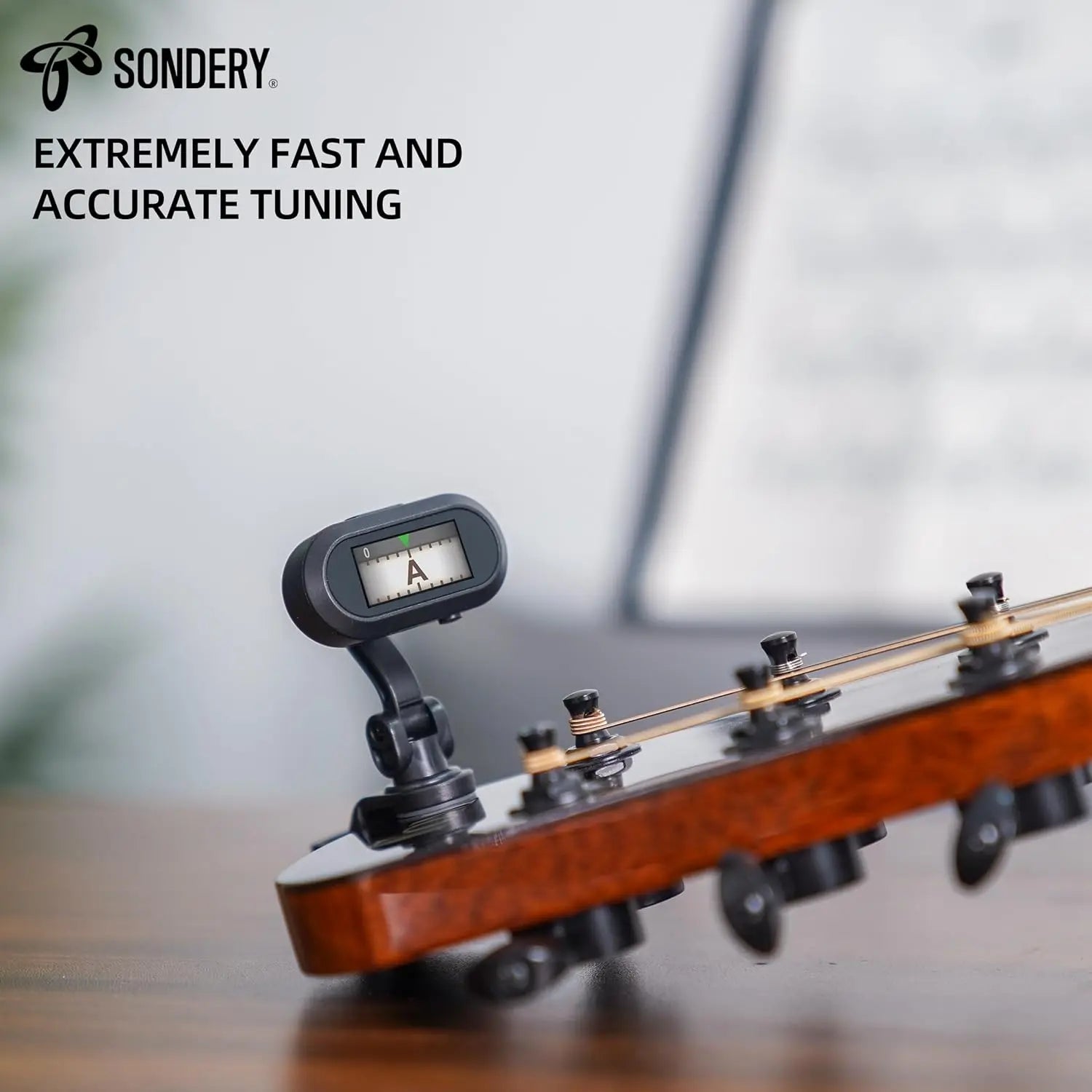 Sondery Guitar Ukulele Tuner Clip On Rechargeable, Easy to Read Simple TFT Screen Extremely Fast and Accurate Tuning, Headstock Chromatic Tuner Pitch 410-460Hz, Good to Use in Strong Light - Sondery Music