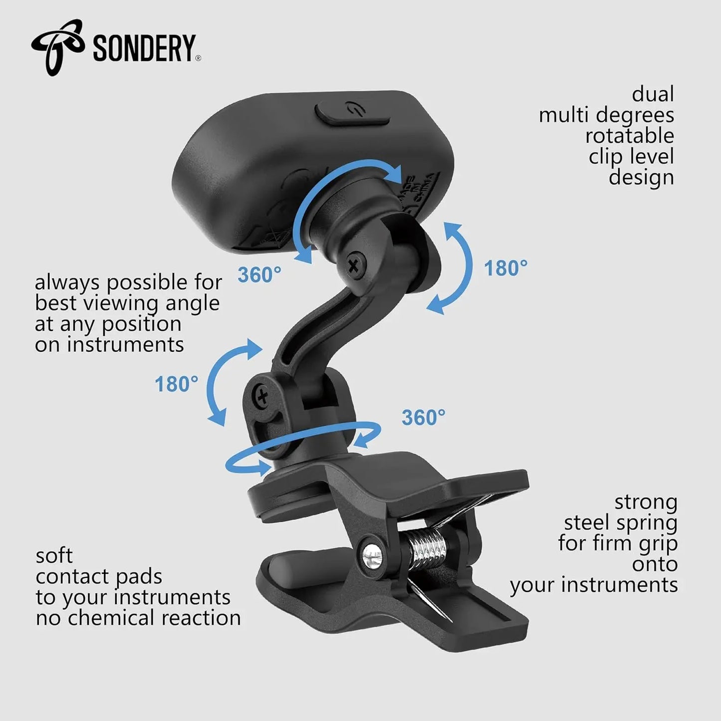 Sondery Guitar Ukulele Tuner Clip On Rechargeable, Easy to Read Simple TFT Screen Extremely Fast and Accurate Tuning, Headstock Chromatic Tuner Pitch 410-460Hz, Good to Use in Strong Light - Sondery Music