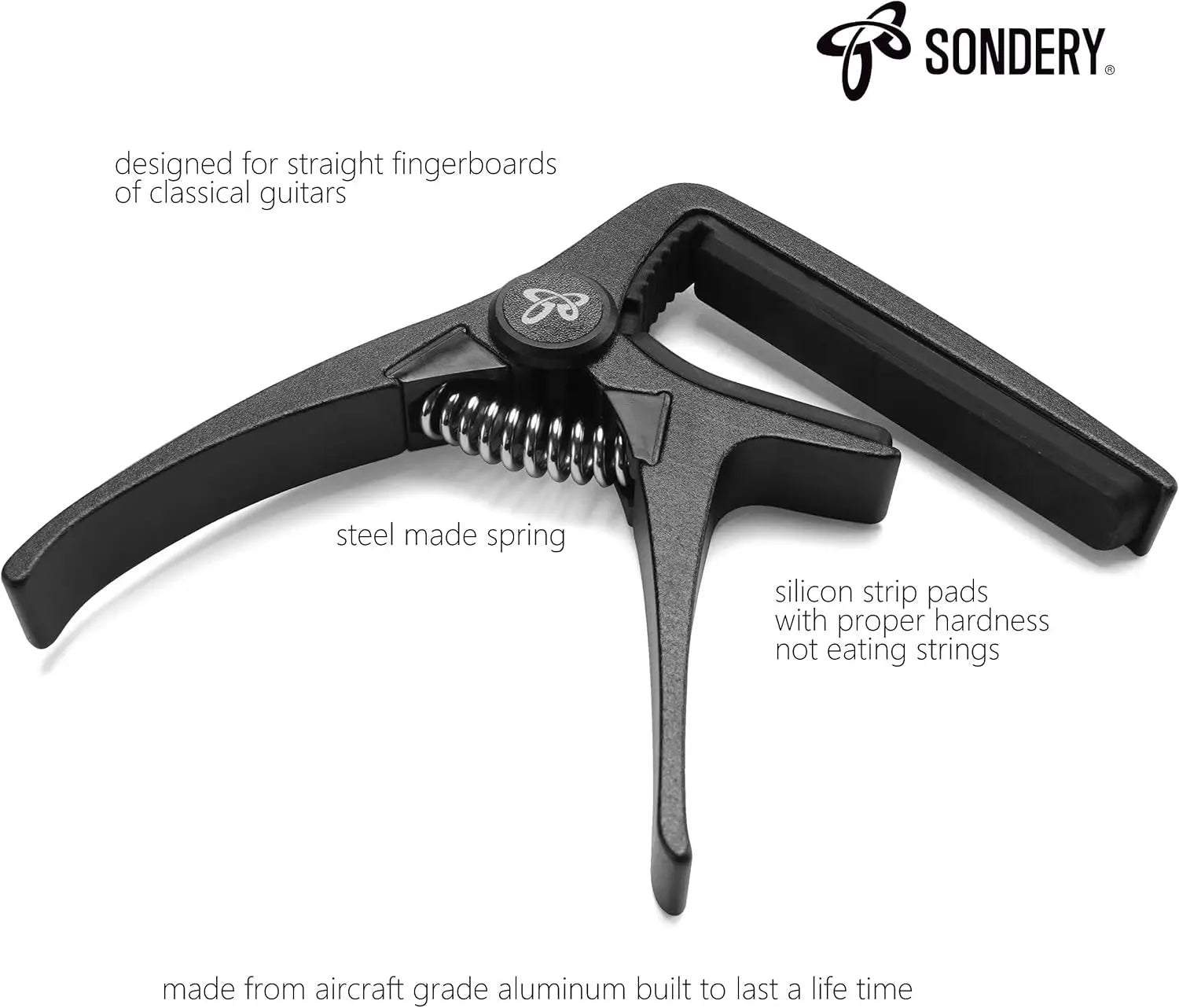 Sondery Capo for Classical Guitars Ultra Light Metal Capo with Premium Black Color for Nylon Strings Wide Neck Guitars Extremely Constructed with Steel Spring Trigger Sondery Music