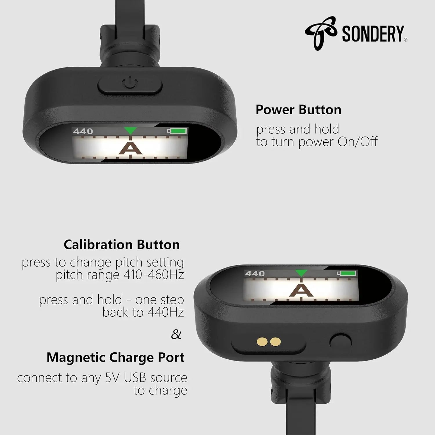 Sondery Guitar Ukulele Tuner Clip On Rechargeable, Easy to Read Simple TFT Screen Extremely Fast and Accurate Tuning, Headstock Chromatic Tuner Pitch 410-460Hz, Good to Use in Strong Light - Sondery Music