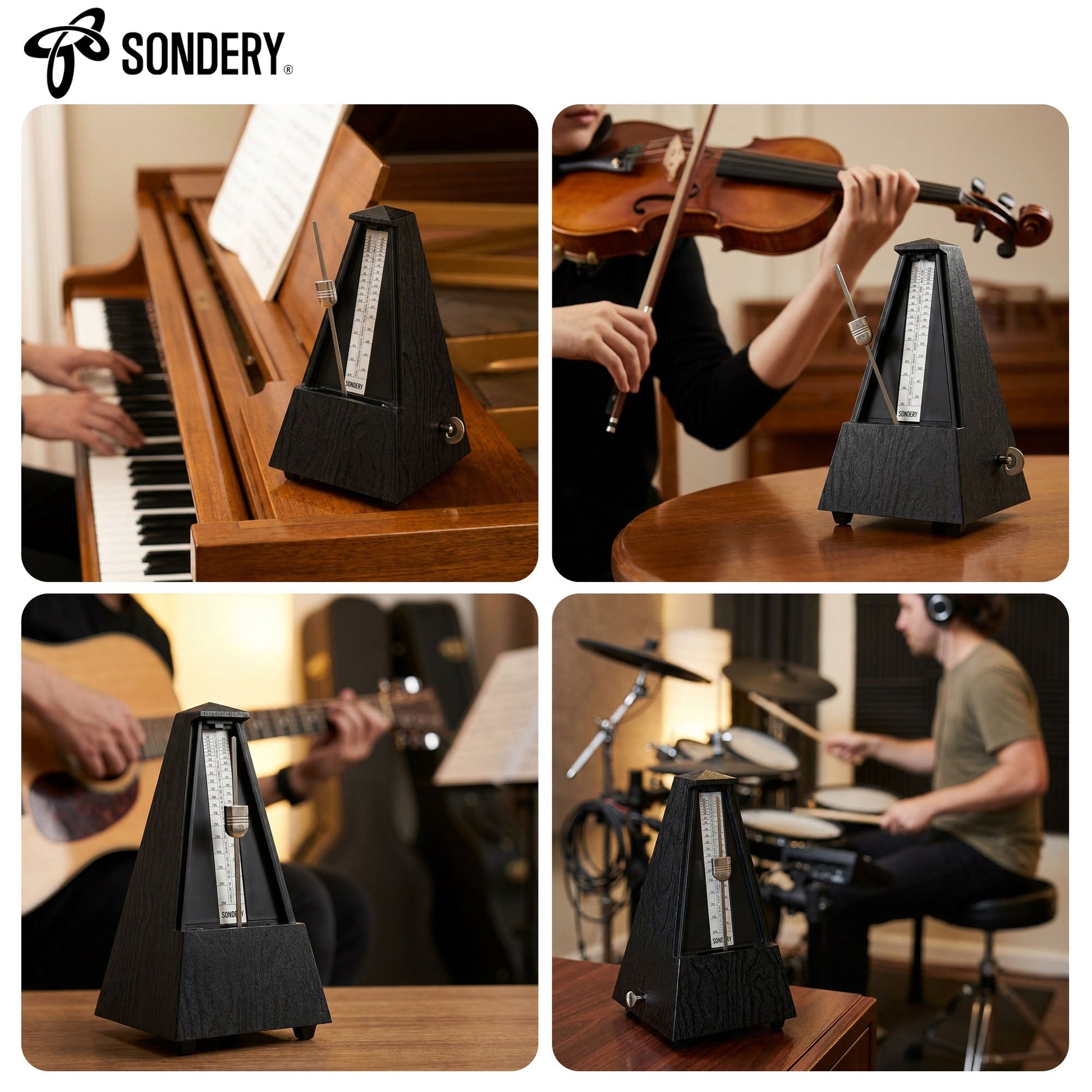 Sondery Classic Mechanical Metronome with Bell for Piano Guitar Drum Violin Saxophone All Instruments, Tempo Range 40-208bpm, Beats 02346, Black Wood Grain ABS Case with Comfortable Click Sound Sondery Music