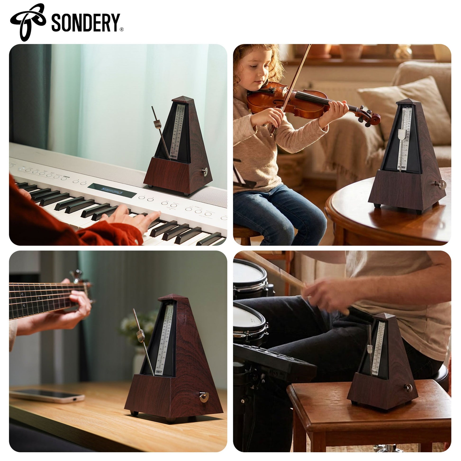 Sondery Classic Mechanical Metronome with Bell for Piano Guitar Drum Violin Saxophone All Instruments, Tempo Range 40-208bpm, Beats 02346, Black Wood Grain ABS Case with Comfortable Click Sound Sondery Music