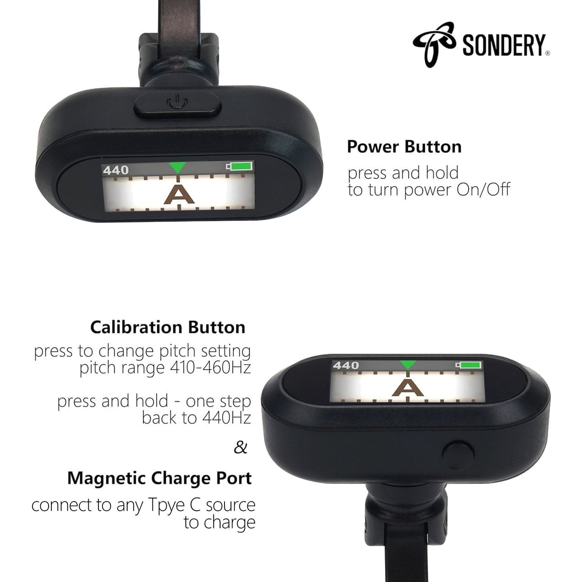 Sondery Guitar Ukulele Tuner Clip On Rechargeable, Easy to Read Simple TFT Screen Extremely Fast and Accurate Tuning, Headstock Chromatic Tuner Pitch 410-460Hz, Good to Use in Strong Light Sondery Music