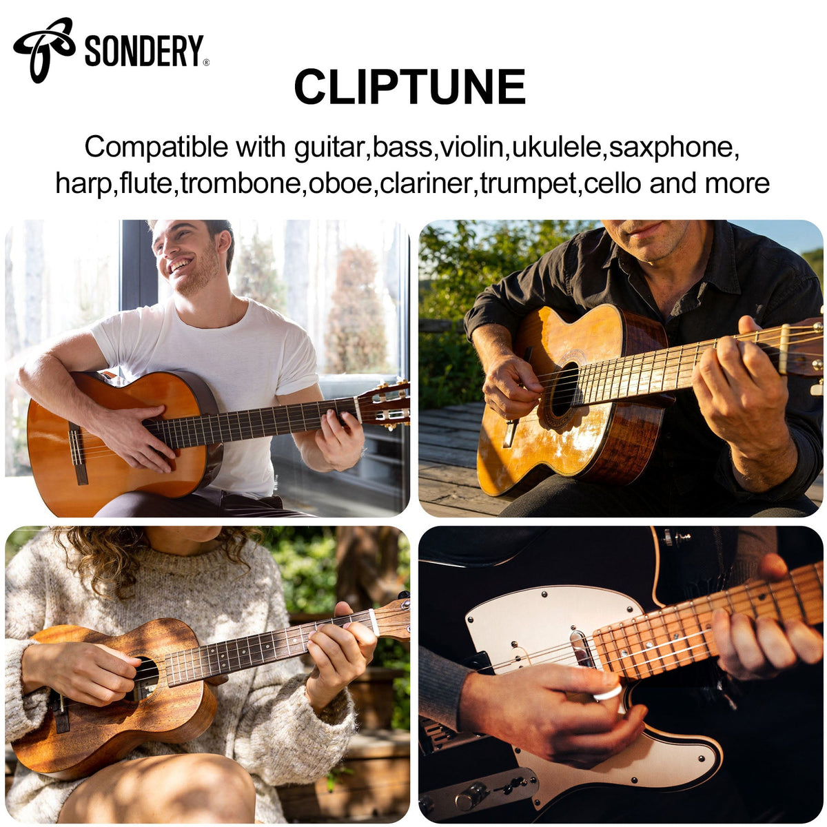 Sondery Guitar Ukulele Tuner Clip On Rechargeable, Easy to Read Simple TFT Screen Extremely Fast and Accurate Tuning, Headstock Chromatic Tuner Pitch 410-460Hz, Good to Use in Strong Light Sondery Music
