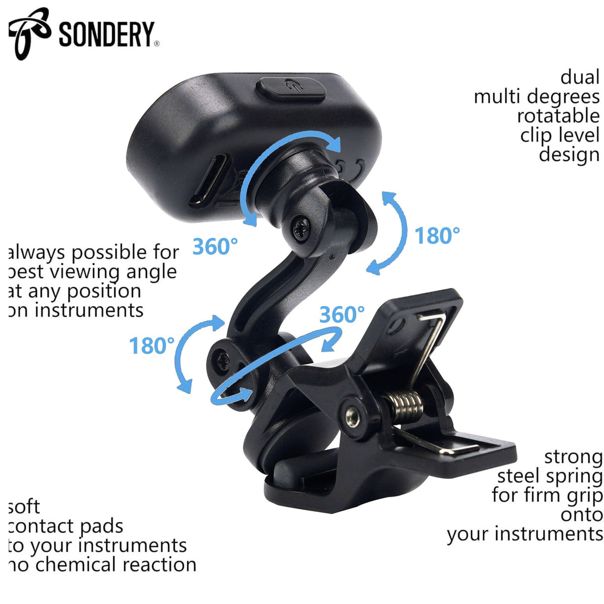 Sondery Guitar Ukulele Tuner Clip On Rechargeable, Easy to Read Simple TFT Screen Extremely Fast and Accurate Tuning, Headstock Chromatic Tuner Pitch 410-460Hz, Good to Use in Strong Light Sondery Music