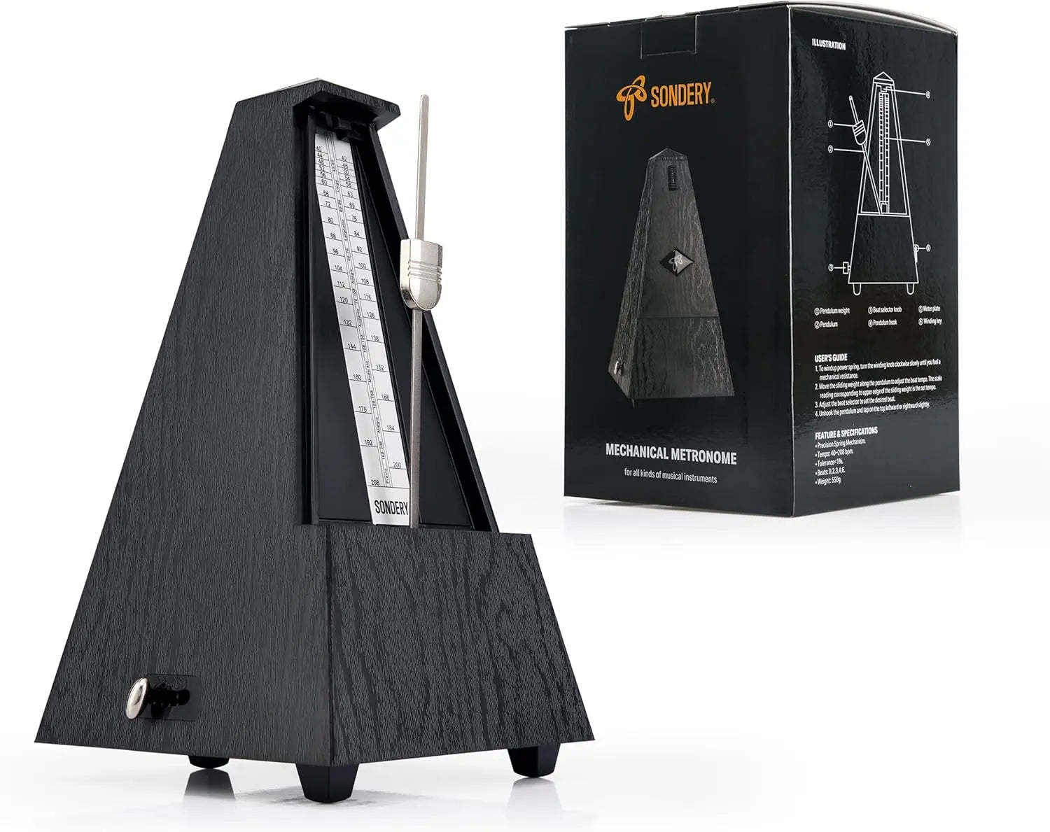 Sondery Classic Mechanical Metronome with Bell for Piano Guitar Drum Violin Saxophone All Instruments, Tempo Range 40-208bpm, Beats 02346, Black Wood Grain ABS Case with Comfortable Click Sound Sondery Music