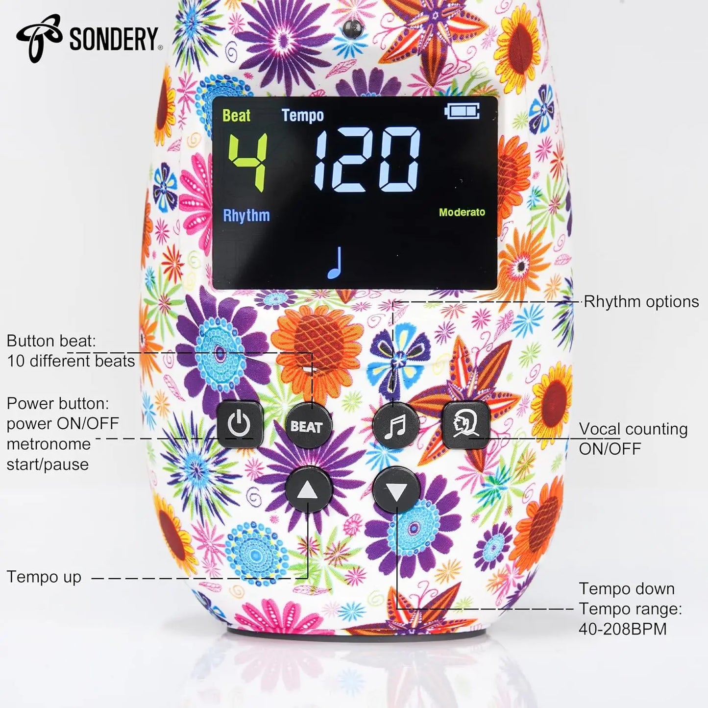 Sondery Metronome Digital Rechargeable Vocal Big Sound with Color Screen USB Headphone Jack, Colorful Pattern Designs Art Series Bulletome for Guitar Drum Piano and All Instruments Play Coach Sondery Music