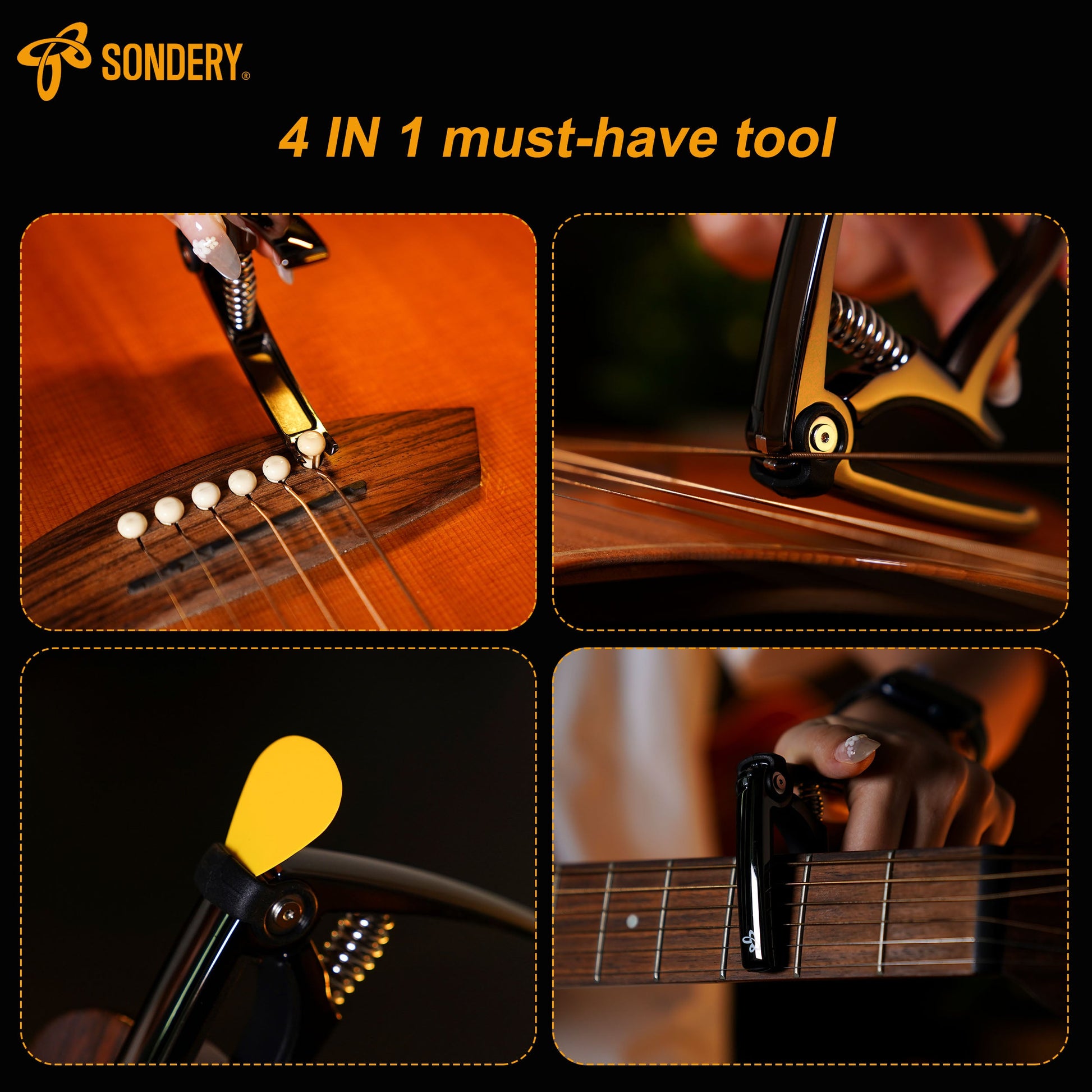 Sondery Guitar Capo String Cutter Pin Puller Pick Holder 4 in 1 for 6 Strings Acoustic and Electric Guitars, 5 Guitar Plectrums and A Pouch Enclosed Free Sondery Music